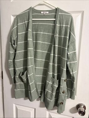 Madewell Women's Side Button Open Cardigan Small Sage Green Striped Linen Cotton
